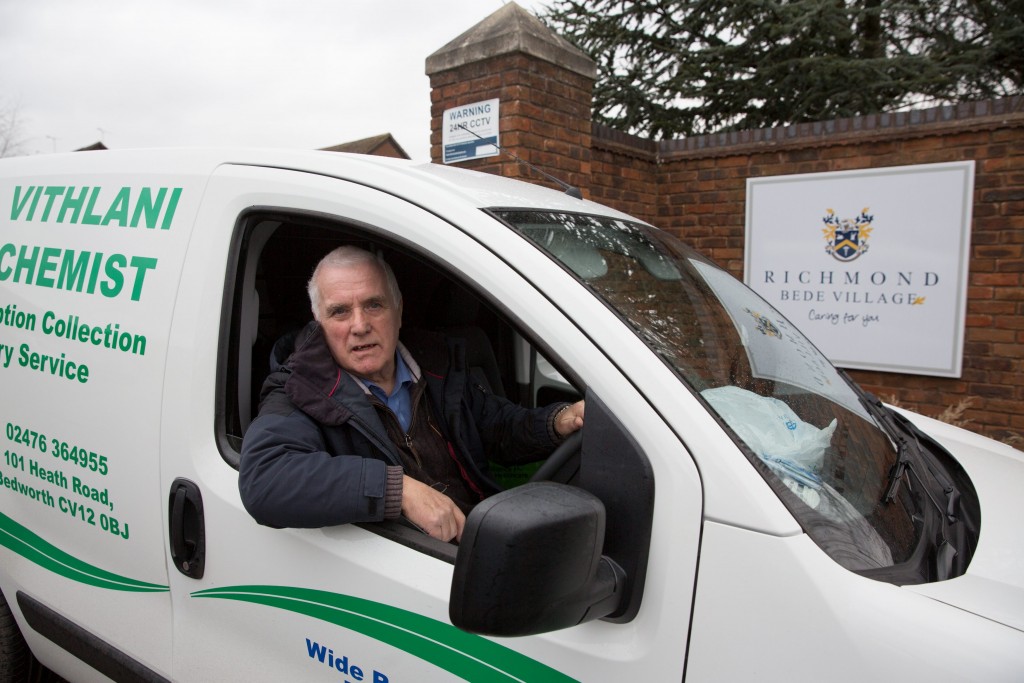 Leighton Yorath, photographed at Richmond Bede Village in Bedworth where he lives, with the van he works in while delivering NHS prescriptions. February 13 2015.